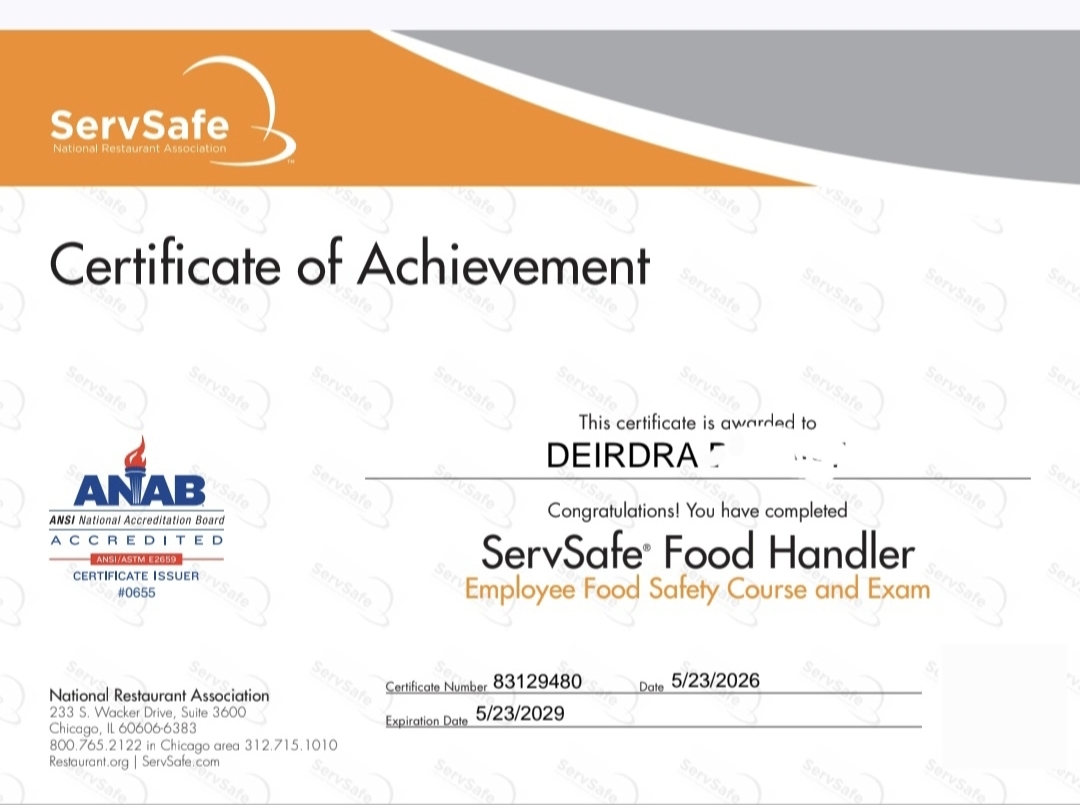 ServSafe Food Handler Certificate of Achievement awarded to Queen Esther's Collection by the National Restaurant Association
